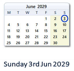 3 June 2029 calendar
