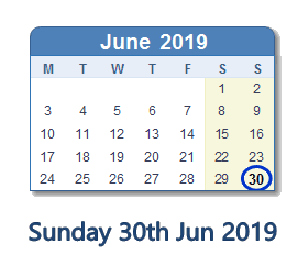 30 June 2019 calendar