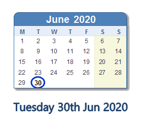 30 June 2020 calendar