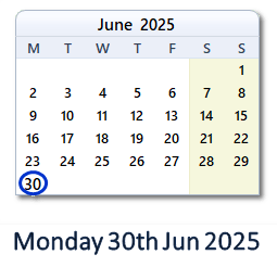 30 June 2025 calendar