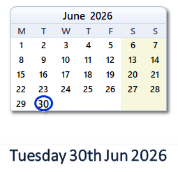 30 June 2026 calendar