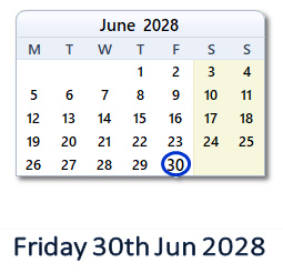 30 June 2028 calendar