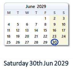30 June 2029 calendar