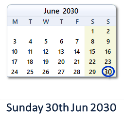 30 June 2030 calendar