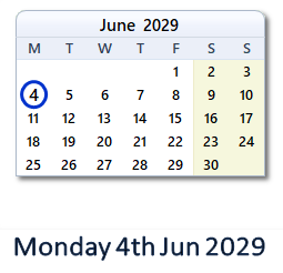 4 June 2029 calendar