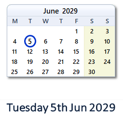 5 June 2029 calendar