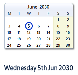 5 June 2030 calendar