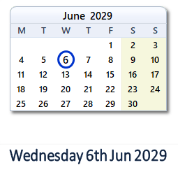 6 June 2029 calendar