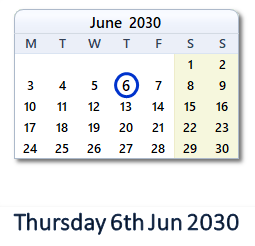 6 June 2030 calendar