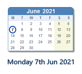 7 June 2021 calendar