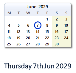7 June 2029 calendar