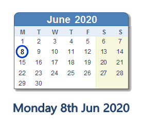 8 June 2020 calendar