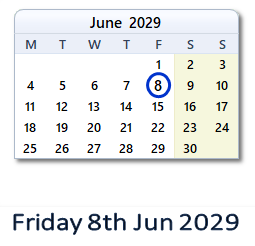 8 June 2029 calendar