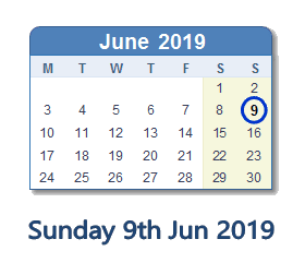 9 June 2019 calendar