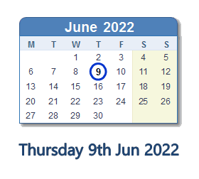 9 June 2022 calendar