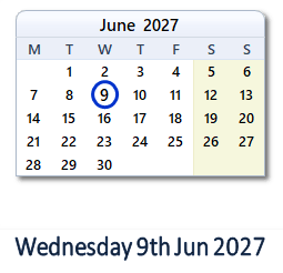 9 June 2027 calendar