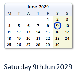 9 June 2029 calendar