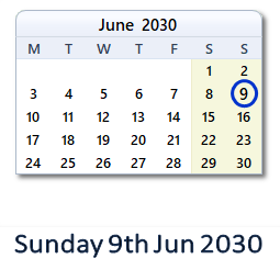 9 June 2030 calendar