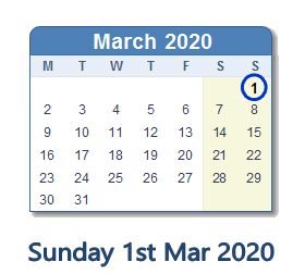 1 March 2020 calendar