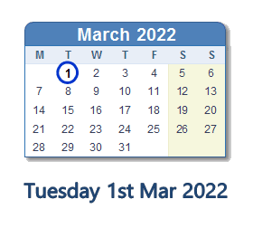 1 March 2022 calendar