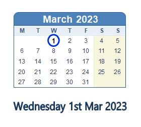 1 March 2023 calendar