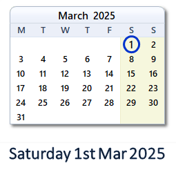 March 1 2025 Calendar with Holiday info and Count Down IND