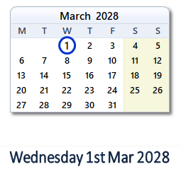 1 March 2028 calendar