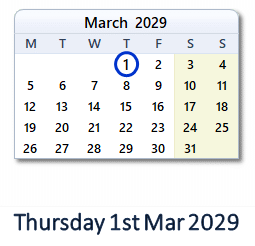 1 March 2029 calendar