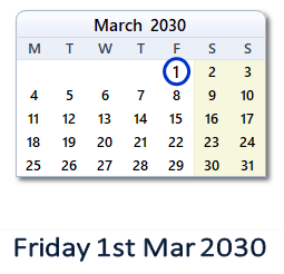 1 March 2030 calendar