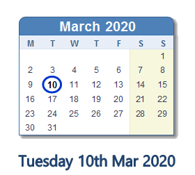 10 March 2020 calendar