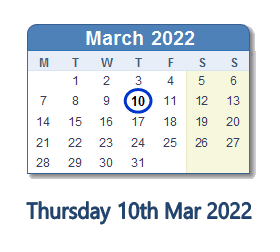 10 March 2022 calendar