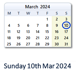 10 March 2024 calendar