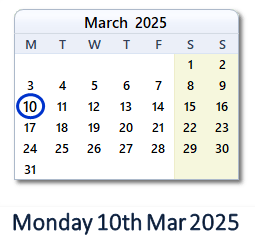 10 March 2025 calendar