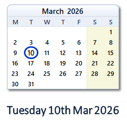 10 March 2026 calendar