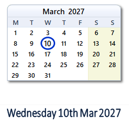 10 March 2027 calendar