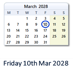 10 March 2028 calendar