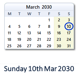 10 March 2030 calendar