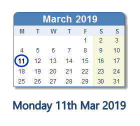 11 March 2019 calendar