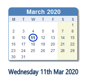 11 March 2020 calendar