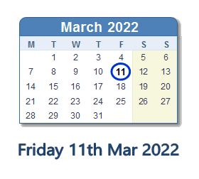 11 March 2022 calendar