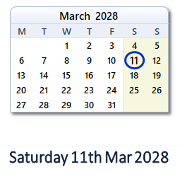 11 March 2028 calendar