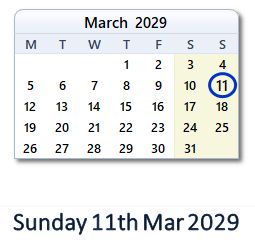 11 March 2029 calendar