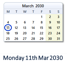 11 March 2030 calendar