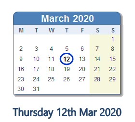 12 March 2020 calendar