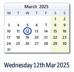 12 March 2025 calendar