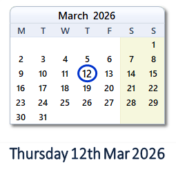 12 March 2026 calendar