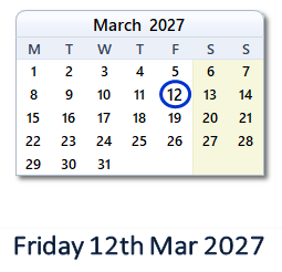 12 March 2027 calendar