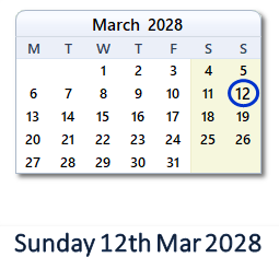 12 March 2028 calendar