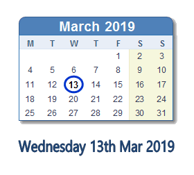 13 March 2019 calendar