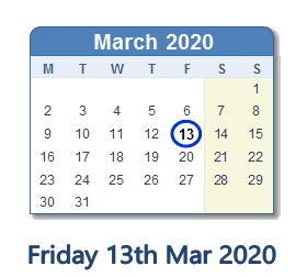 13 March 2020 calendar